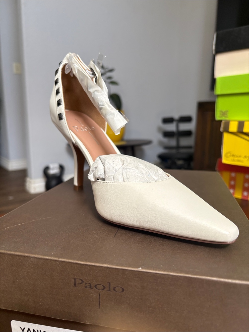 Paolo White Pointed D'Orsay Heel with Studded Ankle Strap